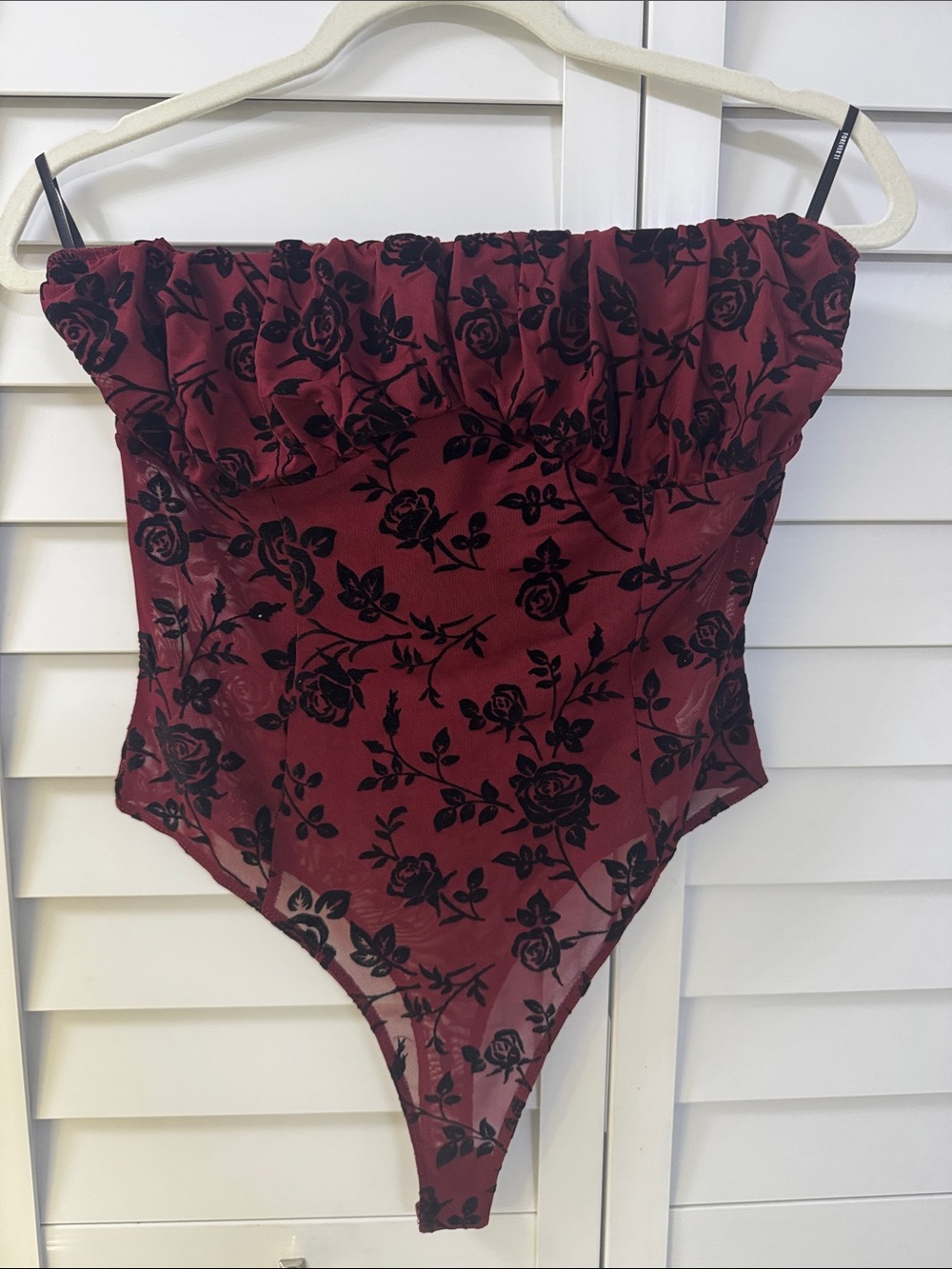 Forever 21 Burgundy and Black Floral Strapless Velvet Burnout Bodysuit